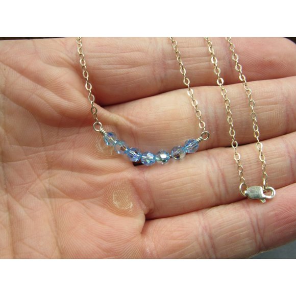 16 Inch Sterling Silver Simple Blue Crystal U Shape Necklace - Picture 2 of 5